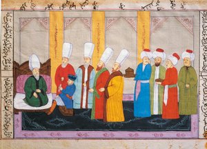 Osmanische Miniatur, die einen europäischen Botschafter am Hof des Topkapi-Palastes darstellt, Manuskript, Türkei von Turkish School