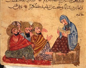 Sokrates diskutiert über Philosophie mit seinen Anhängern, Türkei, arabisches Manuskript von Turkish School