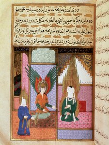 Der Todesengel bittet den Propheten Muhammad (570-632) (bedecktes Gesicht) um Erlaubnis, seine Frau Khadija zu holen. Miniatur aus einem Manuskript des 18. Jahrhunderts