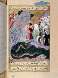 Der Prophet Muhammad (570-632) (bedecktes Gesicht) zähmt eine Schlange. Miniatur aus einem türkischen Manuskript des 18. Jahrhunderts