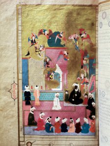 Der Prophet Muhammad (570-632) (bedecktes Gesicht) während des Mirac, seines Aufstiegs in den siebten Himmel. Miniatur aus dem Manuskript 