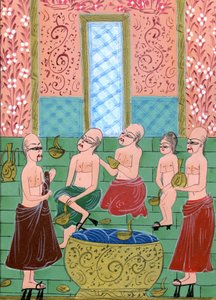 Ansicht in einem Männer-Hamam (Aquarell und Goldpulver auf Papier) von Turkish School