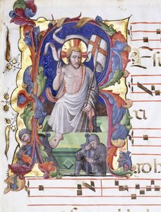 Sehr großer historisierter Buchstabe "A", der die Auferstehung zeigt, ca. 1400-1450