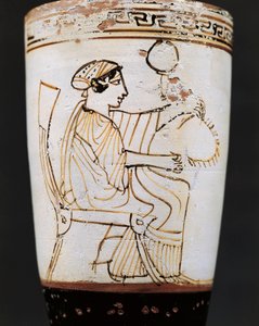 Lekythos, Ölgefäß, das eine Frau beim Kranzweben darstellt (5. Jahrhundert v. Chr.) von Tymbos Painter (attr. to)