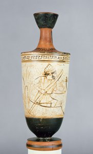 Attische weißgrundige Lekythos, dekoriert mit Charon, dem Fährmann der Unterwelt, der die Seele eines Verstorbenen empfängt, aus Athen, ca. 475-425 v. Chr. von Tymbos Painter