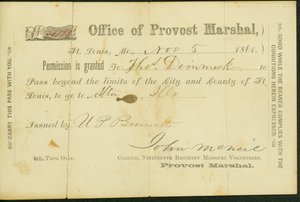 Militärpass von Thomas Dimmock, unterschrieben U.P Bennett, 5. November 1861 von U. P. Bennett