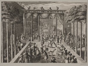 Bankett in einem orientalischen Garten. Im Vordergrund Schützen und Männer im Ringkampf