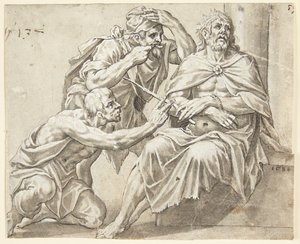 Der sitzende, dornengekrönte Christus wird von zwei Schergen verspottet, einer stehend, der andere kniend links
