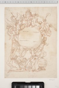 Diverse Figuren, darunter Markuslöwe, ein Doge und eine Frau, neben der man einen Globus sieht, stützen einen großen Globus, der in vier Felder unterteilt ist, gekennzeichnet durch Inschriften wie "America Sett.", "America meridionale", "Asiaeropa" und "Af von Ubekendt