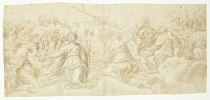 Eine Versammlung von Heiligen auf Wolken, alle nach oben schauend. Wahrscheinlich das untere Register eines Jüngsten Gerichts. Zentral platziert sind die Hl. Katharina von Alexandria und Ursula, letztere umgeben von einigen ihrer Jungfrauen von Ubekendt