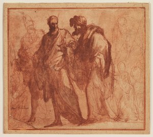 Vier gehende Männer, einer möglicherweise Moses, und Putti