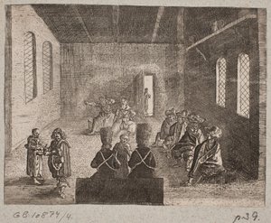 Interieur mit Russen und einer Gesellschaft von Westeuropäern