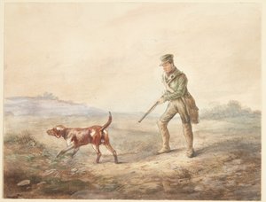Landschaft mit einem Jäger und seinem Hund
