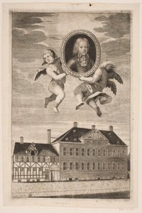 Medaillon mit Porträt eines Jungen der Plessenske Familie. Im Hintergrund ein Fachwerkhaus und ein Palais von Ubekendt