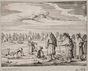 Nomaden mit Rentieren in einer schneebedeckten Landschaft