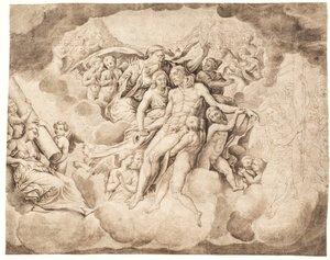 Gott der Vater und die himmlischen Heerscharen beklagen den Leichnam Christi von Ubekendt Ubekendt