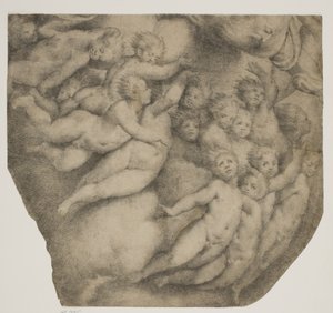 Gottvater von Engeln in Wolken getragen, nach der Kuppel in Cortemaggiore von Ubekendt Ubekendt