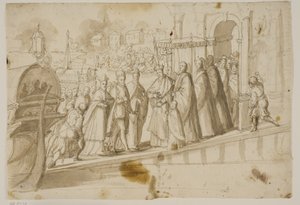 König Heinrich III., Doge Alvise Mocenigo und Kardinal San Sisto werden vom venezianischen Patriarchen Giovanni Trevisan auf dem Lido in Venedig empfangen