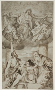 Die Jungfrau und das Kind unter Engeln in den Wolken mit den Heiligen Johannes dem Täufer und Hieronymus, nach Paolo Veroneses Gemälde ehemals in S. Francesco della Vigna, Venedig von Ubekendt Ubekendt