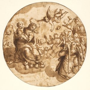 Tondo mit der Madonna und dem Kind auf einer Wolke, umgeben von musizierenden Engeln