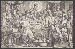 Christus sagt den Verrat des Judas Iskariot beim letzten Abendmahl voraus von Ubekendt efter Maarten van Heemskerck
