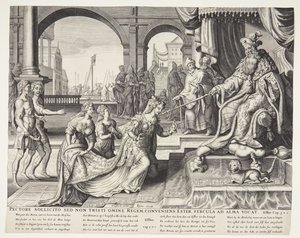 Esther vor Ahasverus, ihn zu einem Bankett einladend von Ubekendt efter Philips Galle efter forlæg af Maarten van Heemskerck
