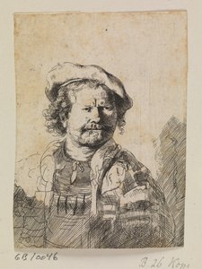 Rembrandt mit flacher Mütze und besticktem Kleid von Ubekendt efter Rembrandt