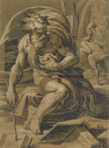 Diogenes, sitzend vor seinem Fass, liest aus einem Buch, ein gerupftes Huhn steht dahinter, ca. 1527-30