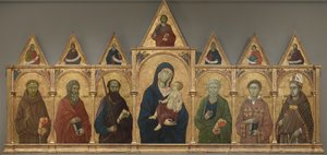 Jungfrau und Kind mit den Heiligen Franziskus, Andreas, Paulus, Petrus, Stephanus und Ludwig von Toulouse, ca. 1317-21
