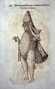 Der See-Eveque, imaginärer Fisch und Meeresmonster von Ulisse Aldrovandi (1522-1605), „Monstrorum Historiae“, Bologna 1642