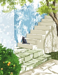 Schwarze Katze Sonnige Stufen