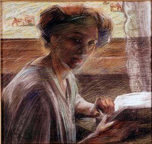 Porträt der Schwester des Malers beim Lesen. Pastellgemälde von Umberto Boccioni (1908) Venedig, Galleria d
