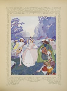 Es gab Hirten und Hirtinnen, die zu den Klängen von Flöten und Dudelsäcken tanzten, Illustration aus 