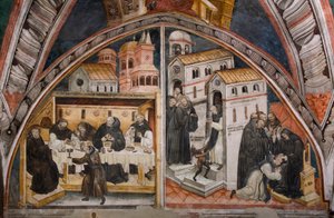 Episoden aus dem Leben des Heiligen Benedikt von Nursia: Links der Angriff der Mönche von Vicovaro, die versuchen, den Heiligen Benedikt zu vergiften, dieser zerbricht auf wundersame Weise den Becher mit dem Gift, rechts der Heilige Benedikt, der einen Mön von Umbrian School