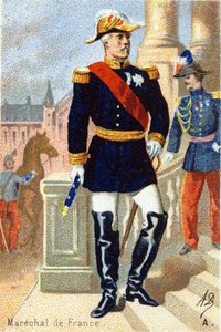 A: Marschall von Frankreich. Gravur in "Militäralphabet". Initialen des Illustrators: A. D. Unbekannter Herausgeber. Chromolithographien Ende des 19. Jahrhunderts. Dim: 10,5x7cm