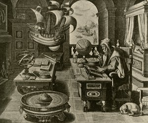 Ein Navigations-Experte bei der Arbeit in seinem Arbeitszimmer mit Globus und Kompass, um 1591, 1928