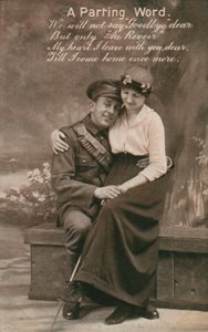 Ein Abschiedswort, romantische Postkarte mit einem Soldaten und seiner Geliebten von Unbekannt