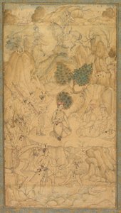 Ein Prinz besucht einen heiligen Mann in einer felsigen Landschaft, ca. 1590