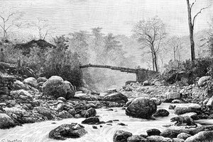 Eine Brücke über den Rangit, einen Nebenfluss des Flusses Teesta, Indien von Unbekannt