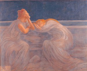 Ein Paar Frauen in blauen und grauen Kleidern schläft in der Nacht, gelehnt auf eine Balustrade und sitzend auf einer Bank von Unbekannt