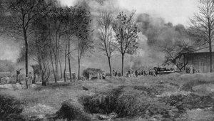 Ein Bauernhof brennt durch deutsche Brandbomben, Artois, Frankreich, Erster Weltkrieg, 1915