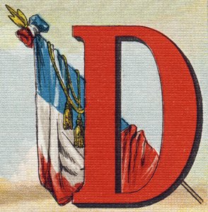 Eine Flagge. Gravur in "Alphabet de ma petite fille". Bernardin-Bechet und Fils, Buchhändler-Verleger, Paris, um 1895. Unzerbrechliches Album auf Leinwand. Bibliotheque des Bebes. 12 Seiten. Album mit einer Lesemethode und einem illustrierten Abecedarium.