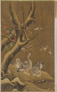 Eine Gruppe von Gänsen unter schneebedeckter Weide und blühenden Bäumen, Ming-Dynastie