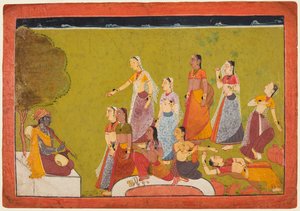 Eine Gruppe von Frauen in Ekstase vor Madhava, aus einer Madhavanala Kamakandala Serie, um 1700