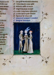 Ein Ritter und eine Dame tauschen Ringe, ca. 1350