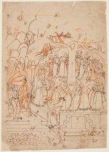 Ein Blatt aus einer Baramasa-Serie: der Monat Jyestha Mai-Juni, Krishna beobachtet die Gopis..., um 1760