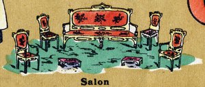 Ein Wohnzimmer mit Sessel, Stühlen und Fußstütze. Illustriertes Alphabet. Bildereien vereint in Jarville-Nancy, Anfang des 20. Jahrhunderts. Dim: 40 x 29 cm. Lithographie auf bistre Hintergrund von Unbekannt
