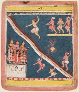 Eine Seite aus Rasikapriya von Kesava Das: Krishna und die Gopas tauchen in einen Teich, um 1640