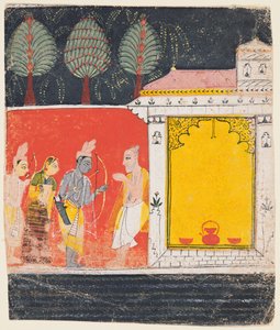 Eine Seite aus einem Ramayana: Eine Nachtszene von Rama, Lakshman und Sita vor dem Rishi..., ca. 1650
