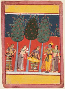 Eine Seite aus einer Rasikapriya-Serie: Krishna und Radha und die Sakhis mit Musikinstrumenten, ca. 1650 von Unbekannt